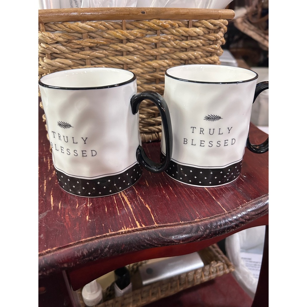 Set of 2 Truly Blessed Ceramic Mugs‎ Black Trim White Rustic Farmhouse